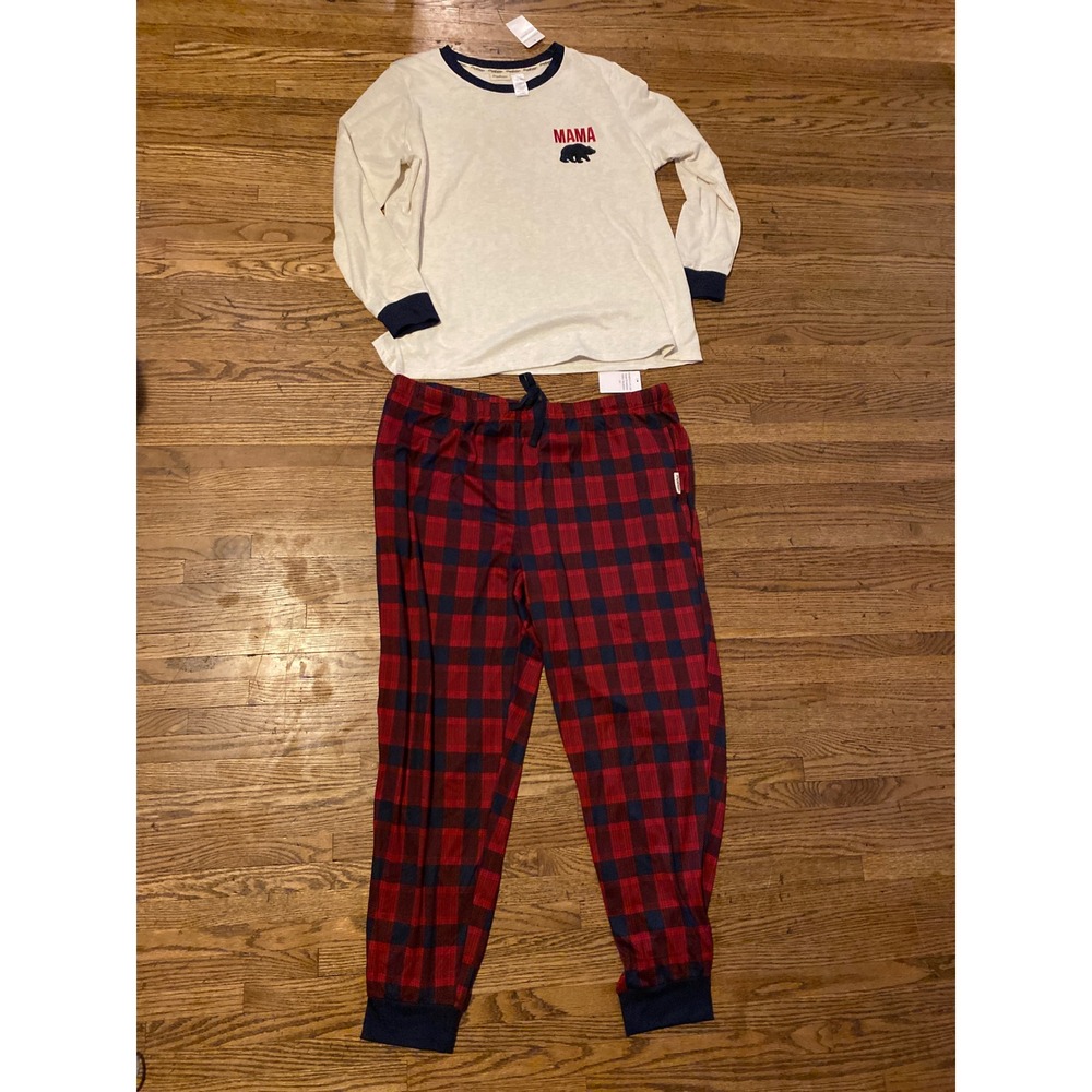 Dearfoams Mama Bear Pajamas Set Womens 2XL Red Navy Buffalo Plaid Sleepwear NEW